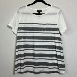 Karen Brooks Striped Rhinestone Top M White Gray Women Nautical Preppy Short Slv